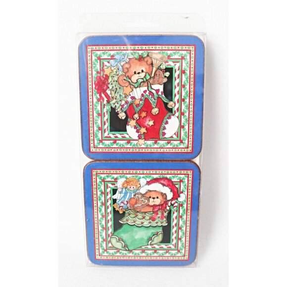 Pimpernel Christmas Stocking Teddy Bear Vintage Coasters 8 NOS - Picture 3 of 6